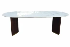 Ovaler Esstisch GATSBY 240cm braun gold Mangoholz weiße Marmorplatte V-Gestell