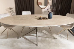 Ovaler Esstisch SCULPTURE 220cm natur Travertin Keramik champagner greige Metall