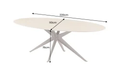 Ovaler Esstisch SCULPTURE 220cm natur Travertin Keramik champagner greige Metall