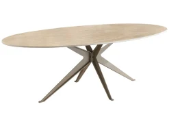 Ovaler Esstisch SCULPTURE 220cm natur Travertin Keramik champagner greige Metall