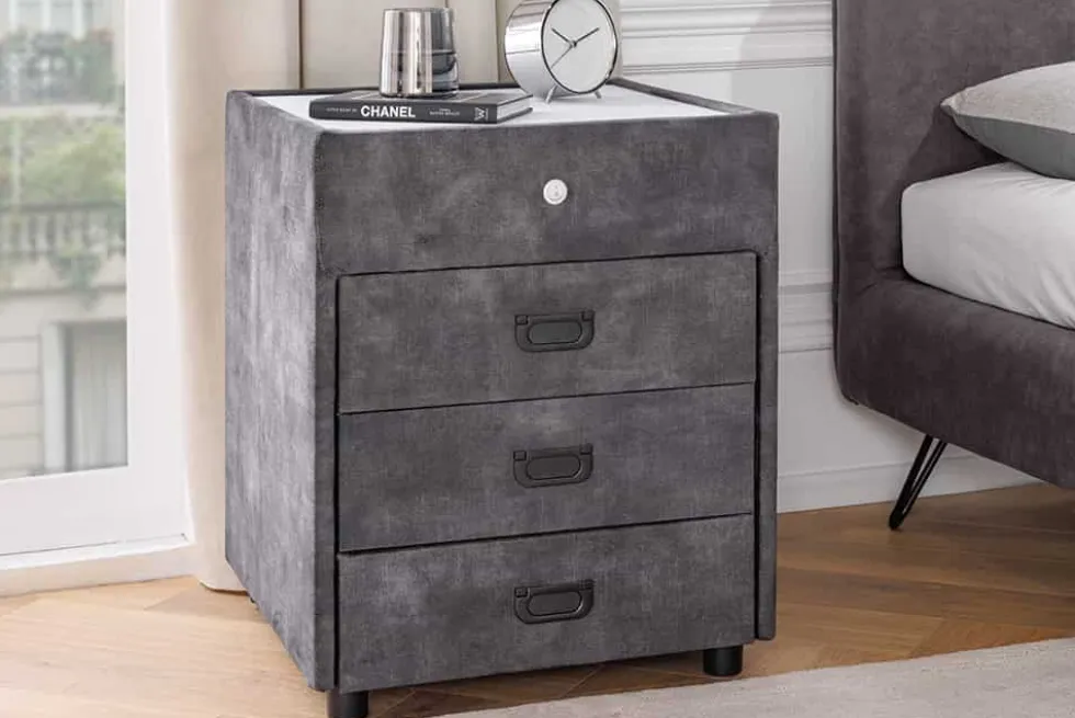 Quadratischer Nachttisch PARIS 55cm grau Samt inkl. Beleuchtung und Schubladen
