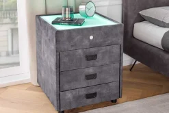 Quadratischer Nachttisch PARIS 55cm grau Samt inkl. Beleuchtung und Schubladen