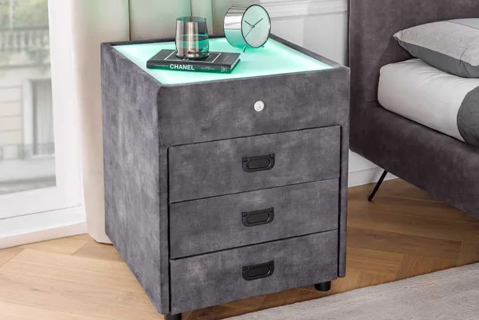 Quadratischer Nachttisch PARIS 55cm grau Samt inkl. Beleuchtung und Schubladen