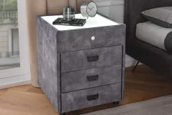 Quadratischer Nachttisch PARIS 55cm grau Samt inkl. Beleuchtung und Schubladen