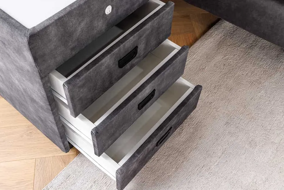 Quadratischer Nachttisch PARIS 55cm grau Samt inkl. Beleuchtung und Schubladen