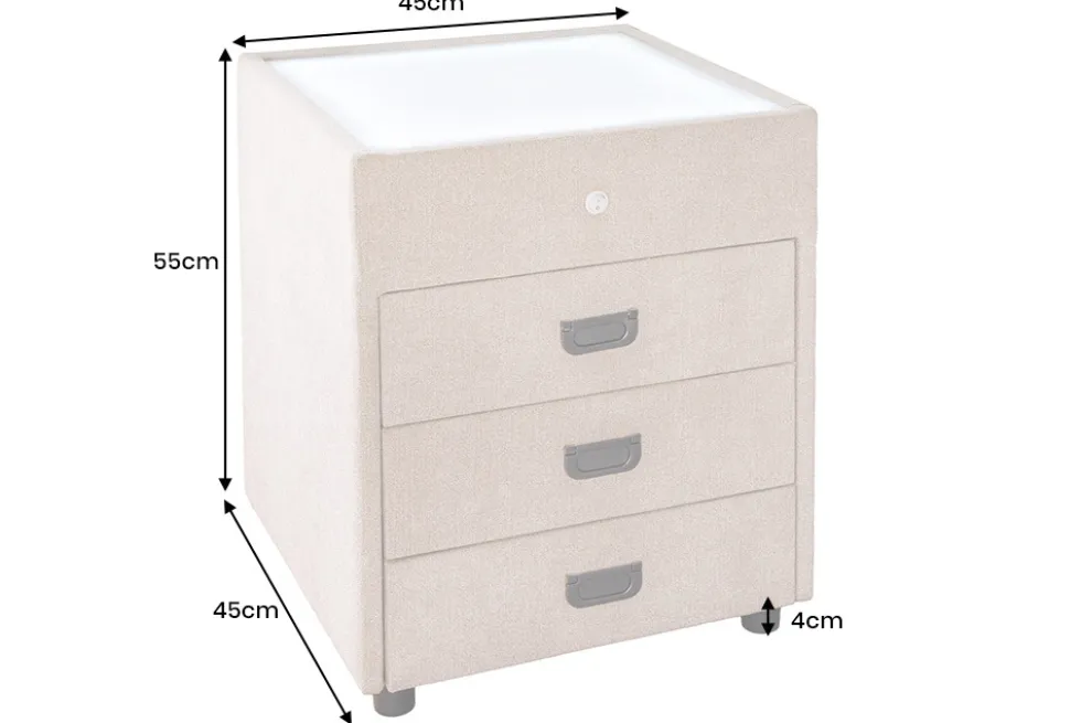 Quadratischer Nachttisch TOULOUSE 55cm beige Samt inkl. Beleuchtung und Schubladen