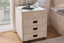 Quadratischer Nachttisch TOULOUSE 55cm beige Samt inkl. Beleuchtung und Schubladen
