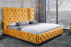 Queensize Doppelbett PARIS 160x200cm senfgelb Samt Chesterfield Design