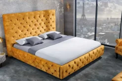 Queensize Doppelbett PARIS 160x200cm senfgelb Samt Chesterfield Design