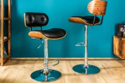 Retro Barhocker CLASSICO schwarz 115cm höhenverstellbar mit Lehne Walnussholz-Design