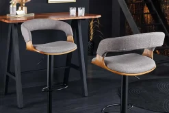 Retro Barhocker MANHATTAN grau Strukturstoff Eschenholz drehbar höhenverstellbar