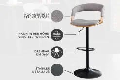 Retro Barhocker MANHATTAN grau Strukturstoff Eschenholz drehbar höhenverstellbar