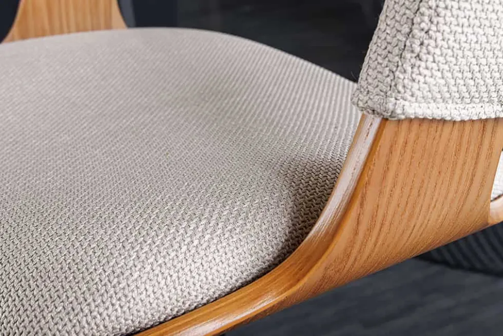 Retro Barhocker MANHATTAN beige Strukturstoff Eschenholz drehbar höhenverstellbar