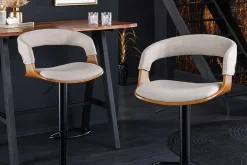 Retro Barhocker MANHATTAN beige Strukturstoff Eschenholz drehbar höhenverstellbar
