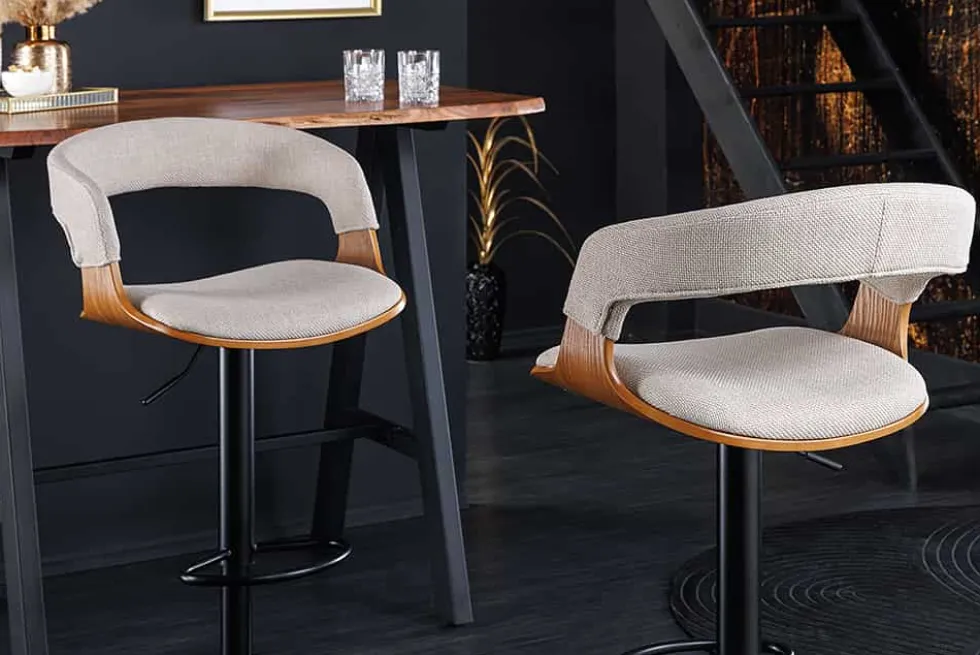 Retro Barhocker MANHATTAN beige Strukturstoff Eschenholz drehbar höhenverstellbar