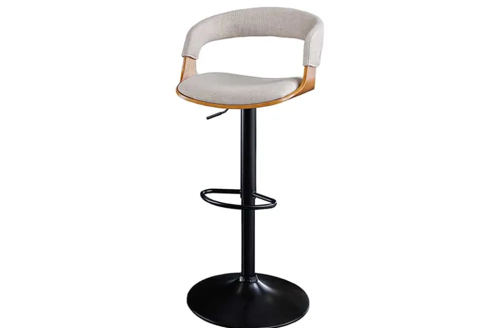 Retro Barhocker MANHATTAN beige Strukturstoff Eschenholz drehbar höhenverstellbar
