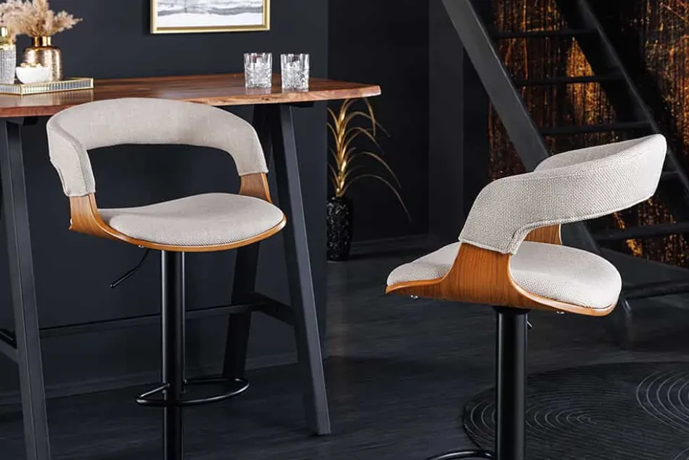Retro Barhocker MANHATTAN beige Strukturstoff Eschenholz drehbar höhenverstellbar