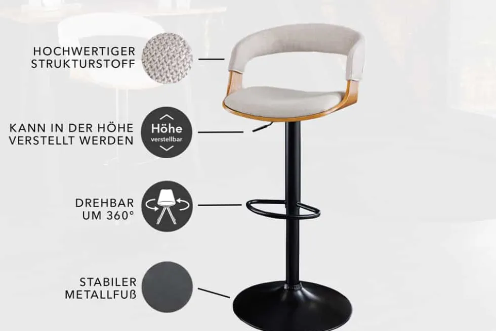Retro Barhocker MANHATTAN beige Strukturstoff Eschenholz drehbar höhenverstellbar