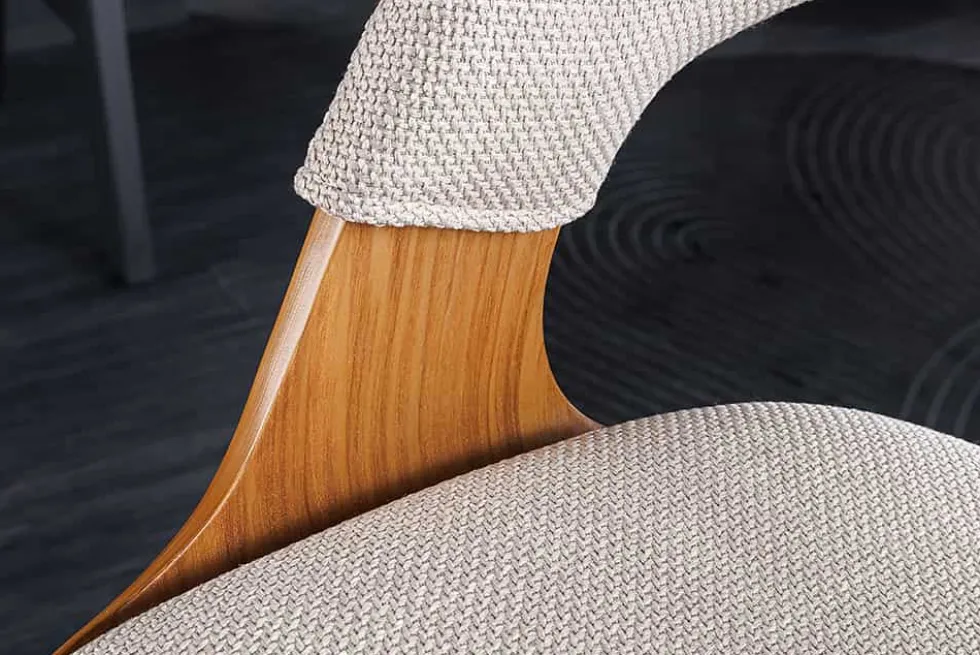 Retro Barhocker MANHATTAN beige Strukturstoff Eschenholz drehbar höhenverstellbar