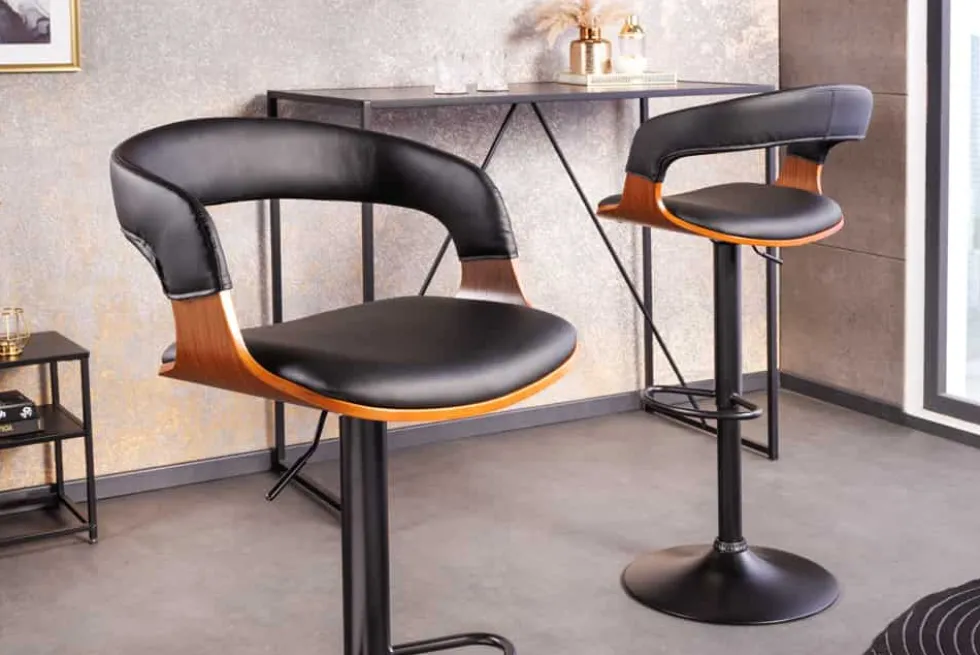Retro Barhocker MANHATTAN schwarz Kunstleder Walnussholz drehbar höhenverstellbar
