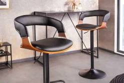 Retro Barhocker MANHATTAN schwarz Kunstleder Walnussholz drehbar höhenverstellbar