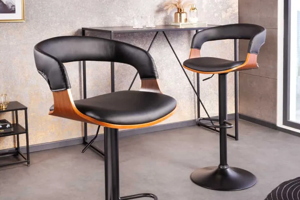 Retro Barhocker MANHATTAN schwarz Kunstleder Walnussholz drehbar höhenverstellbar