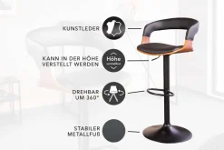 Retro Barhocker MANHATTAN schwarz Kunstleder Walnussholz drehbar höhenverstellbar