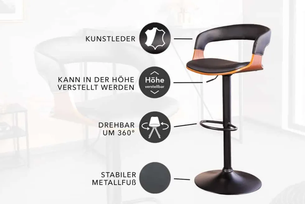 Retro Barhocker MANHATTAN schwarz Kunstleder Walnussholz drehbar höhenverstellbar