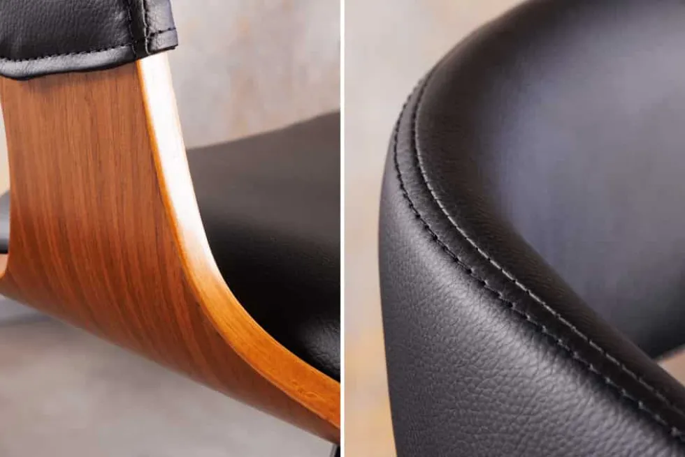 Retro Barhocker MANHATTAN schwarz Kunstleder Walnussholz drehbar höhenverstellbar