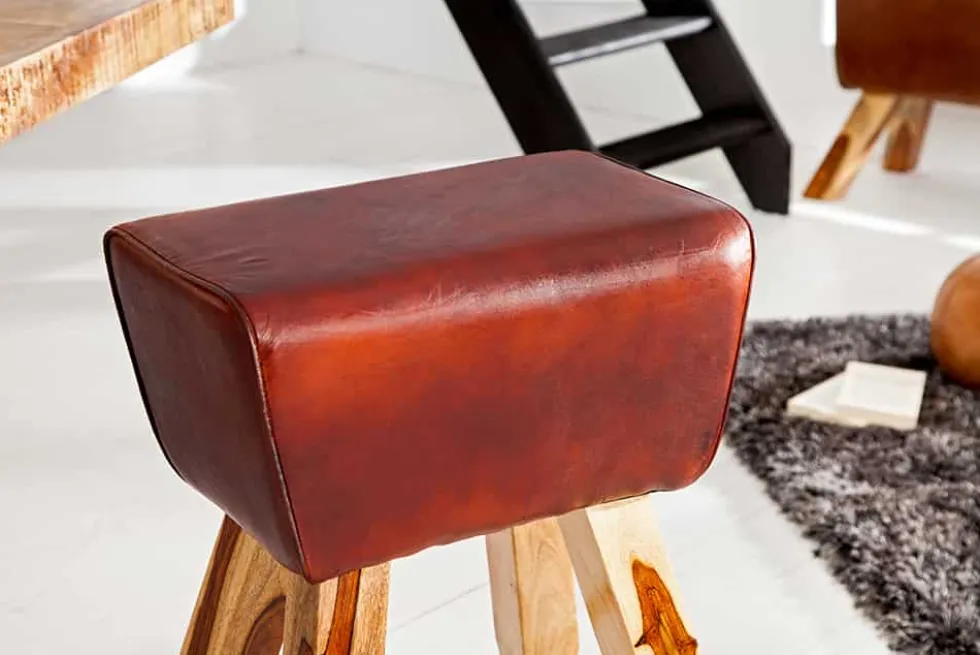 Retro Barhocker TURNBOCK 75cm mit Echtleder Bezug Mangoholz Barstuhl