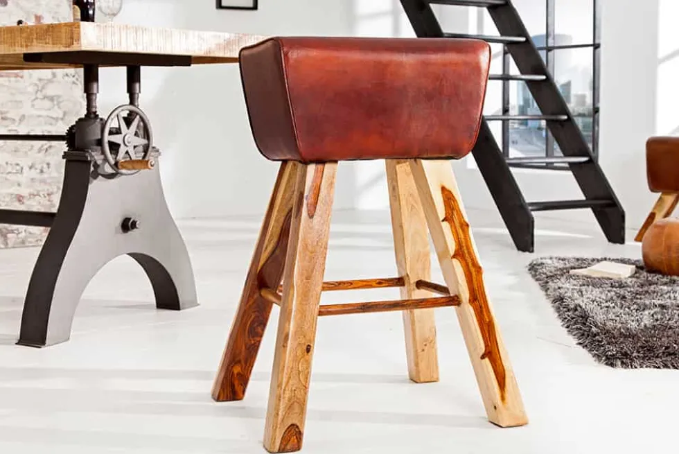 Retro Barhocker TURNBOCK 75cm mit Echtleder Bezug Mangoholz Barstuhl