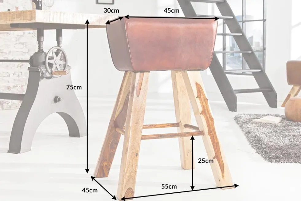 Retro Barhocker TURNBOCK 75cm mit Echtleder Bezug Mangoholz Barstuhl