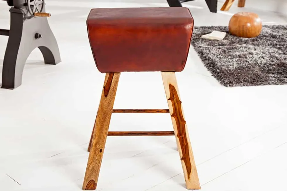 Retro Barhocker TURNBOCK 75cm mit Echtleder Bezug Mangoholz Barstuhl