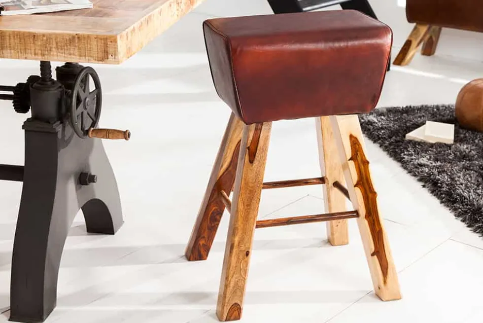 Retro Barhocker TURNBOCK 75cm mit Echtleder Bezug Mangoholz Barstuhl