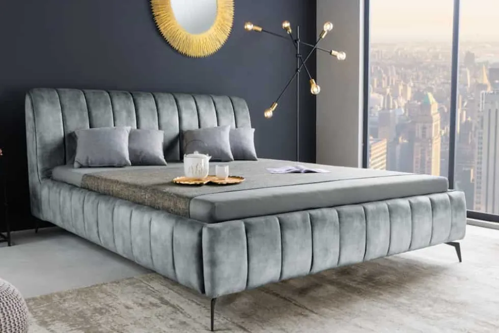 Retro Bett AMSTERDAM 160x200cm grau Samt schwarz Metall Polsterbett