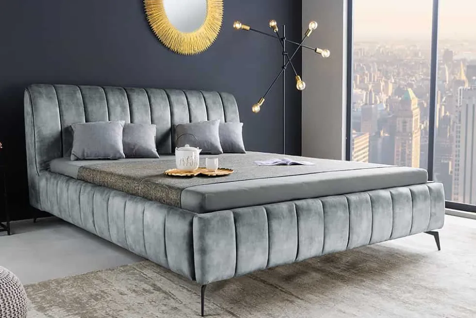 Retro Bett AMSTERDAM 180x200cm grau Samt schwarz Metall Polsterbett