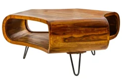 Retro Couchtisch ORGANIC LIVING 90cm braun Sheesham Massivholz stone finish Stauraum