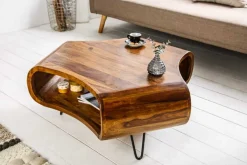 Retro Couchtisch ORGANIC LIVING 90cm braun Sheesham Massivholz stone finish Stauraum