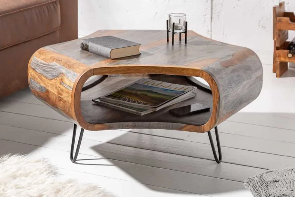 Retro Couchtisch ORGANIC LIVING 80cm grau smoke finish Sheesham Palisander Massivholz Hairpin Legs