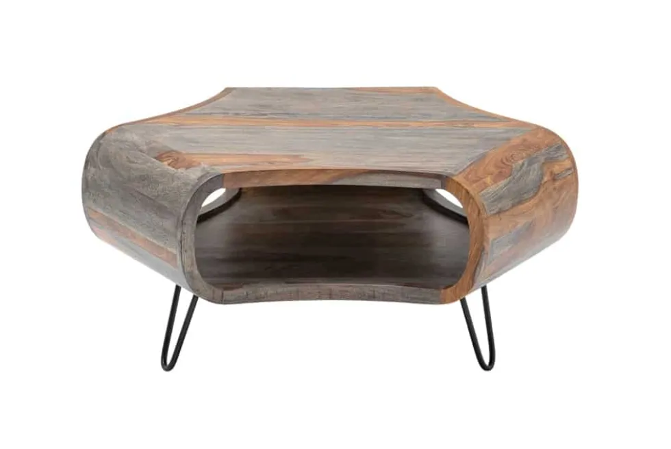 Retro Couchtisch ORGANIC LIVING 80cm grau smoke finish Sheesham Palisander Massivholz Hairpin Legs