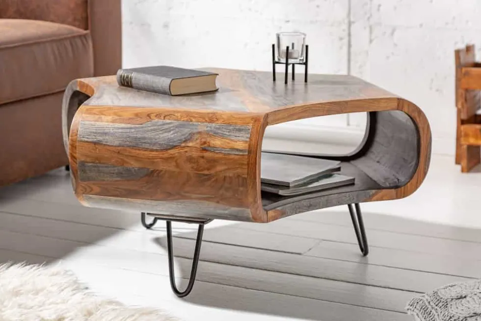 Retro Couchtisch ORGANIC LIVING 80cm grau smoke finish Sheesham Palisander Massivholz Hairpin Legs