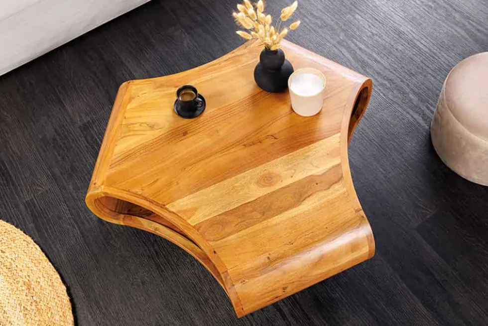 Retro Couchtisch ORGANIC LIVING 70cm braun Akazie Massivholz honey finish Stauraum