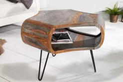 Retro Couchtisch ORGANIC LIVING 70cm grau Sheesham Massivholz mit Stauraum Hairpin Legs