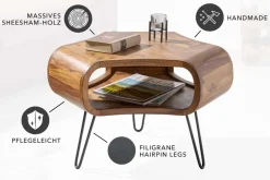 Retro Couchtisch ORGANIC LIVING 70cm braun Sheesham Massivholz stone finish Stauraum