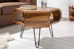Retro Couchtisch ORGANIC LIVING 70cm braun Sheesham Massivholz stone finish Stauraum