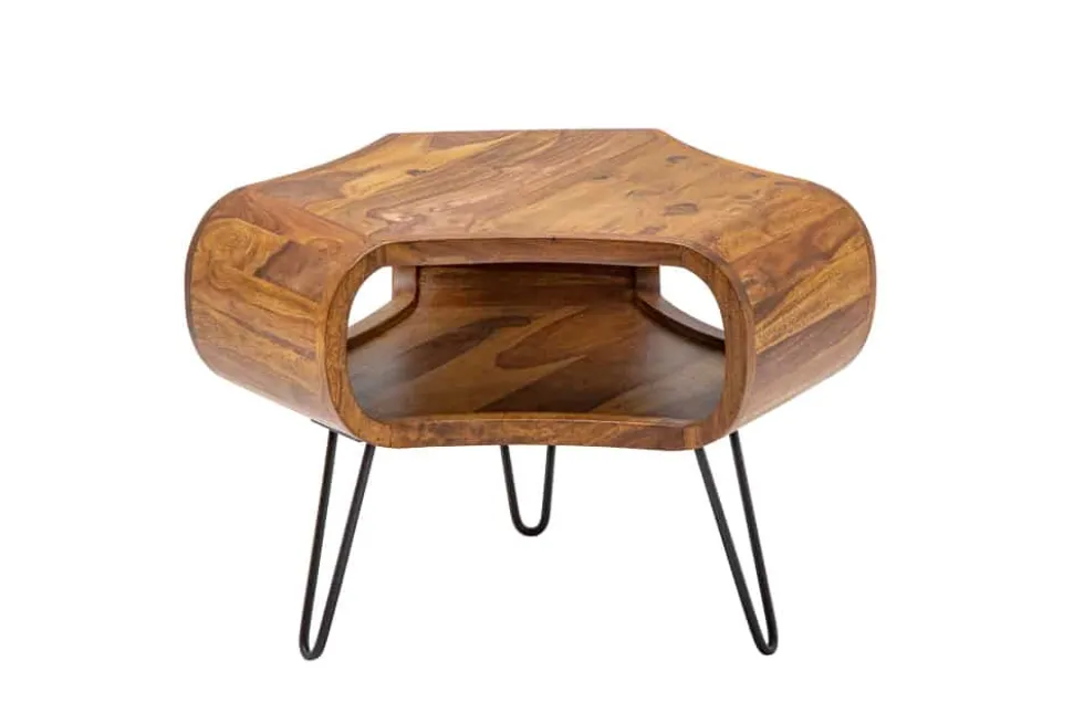 Retro Couchtisch ORGANIC LIVING 70cm braun Sheesham Massivholz stone finish Stauraum