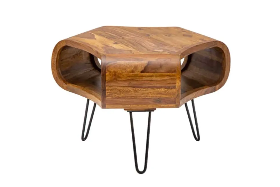 Retro Couchtisch ORGANIC LIVING 70cm braun Sheesham Massivholz stone finish Stauraum