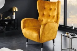 Retro Design Sessel DON senfgelb Samt Federkern silberne Fußkappen