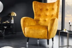 Retro Design Sessel DON senfgelb Samt Federkern silberne Fußkappen