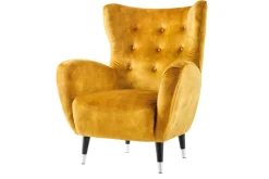 Retro Design Sessel DON senfgelb Samt Federkern silberne Fußkappen